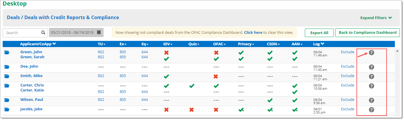 The Desktop page with a box highlighting the column of question mark icons and an arrow pointing to the one corresponding to the example deal.