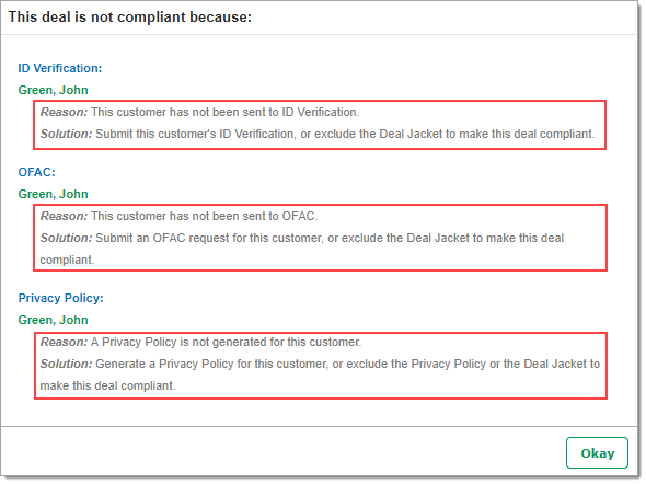 The noncompliance details popup with boxes highlighting the reason and solution for each category.