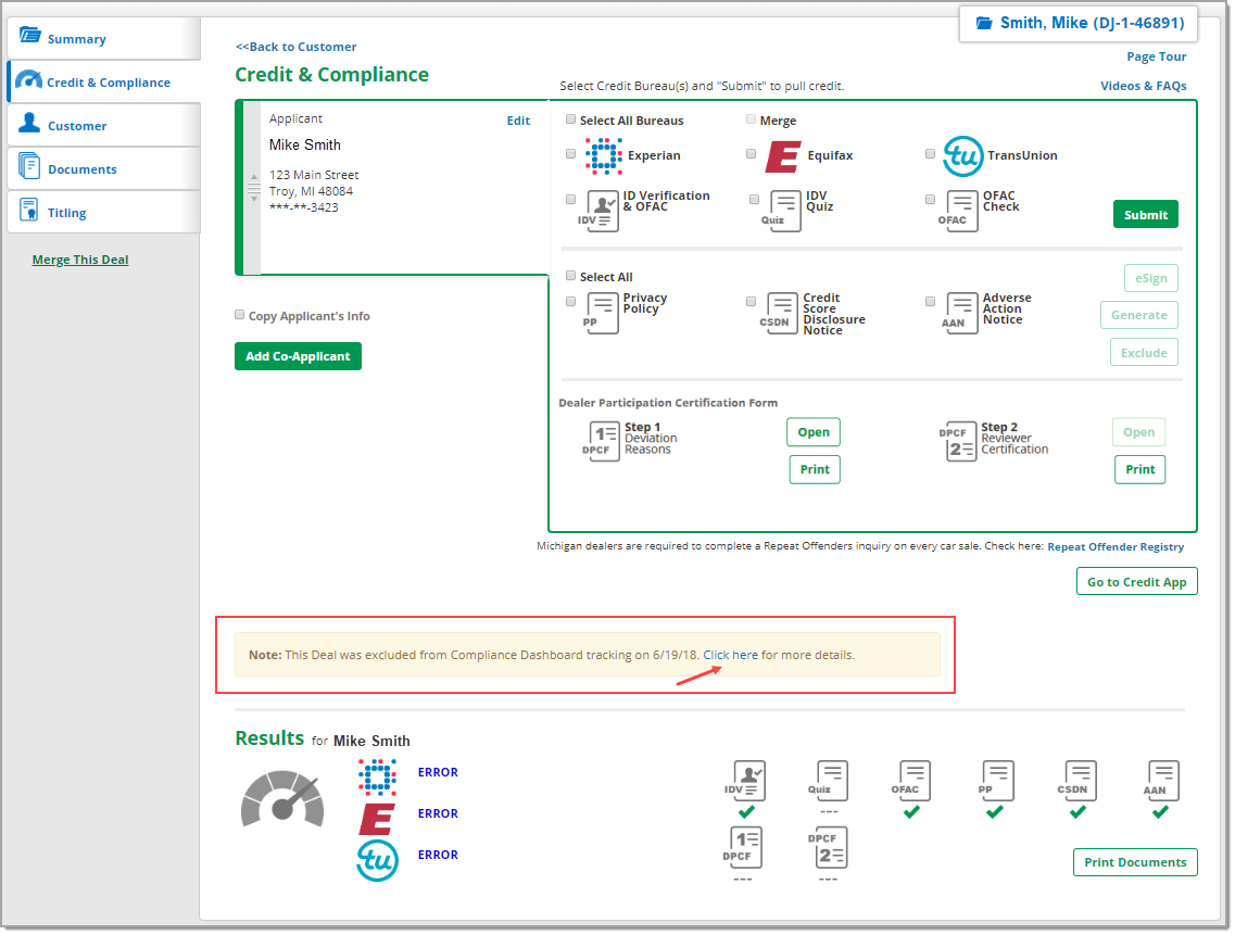 The Credit and Compliance page of the Deal Jacket, with a box highlighting the exclusion note and an arrow pointing to the ‘Click here’ link within.