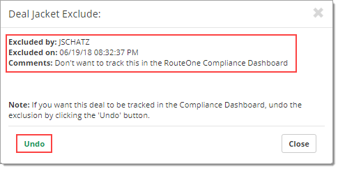 The Deal Jacket Exclude pop-up with a box highlighting the details and a box highlighting the ‘Undo’ button.