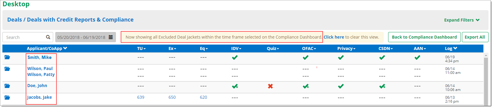 The Desktop page with a box highlighting the excluded deal jackets note and a box highlighting the names of the applicants under the ‘Applicant/CoApp’ column.