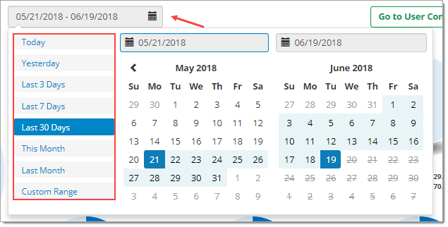 The date range selector of the Dealer Compliance Dashboard with an arrow pointing to the calendar icon and a box highlighting the time range.