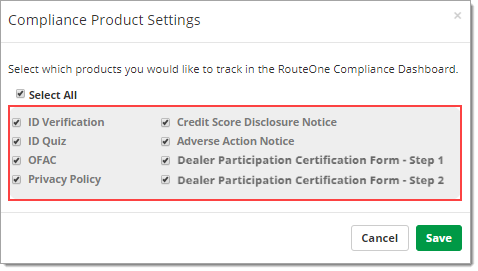 Select compliance products to track on dashboard