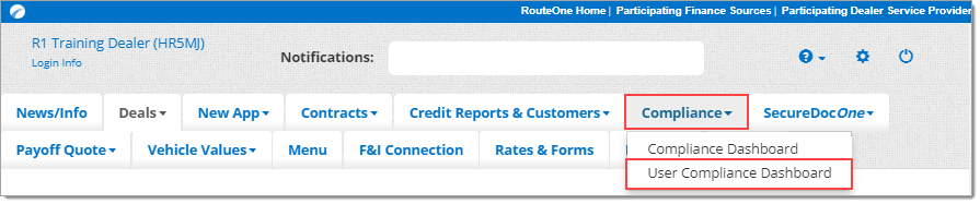 Box around ‘Compliance’ tab, box around ‘User Compliance Dashboard’