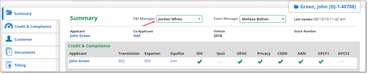 Arrow pointing to ‘F&I Manager’ dropdown