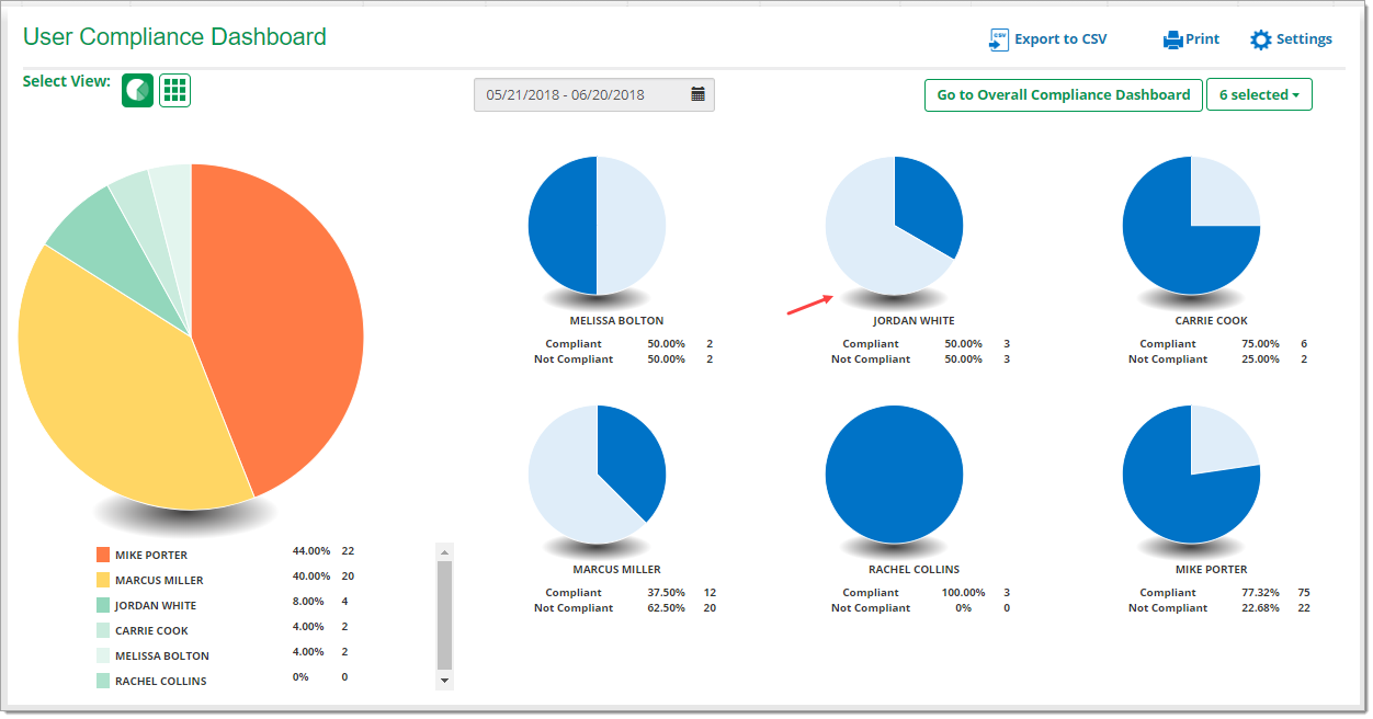 Arrow pointing to user pie chart for the example manager, ‘Jordan White’