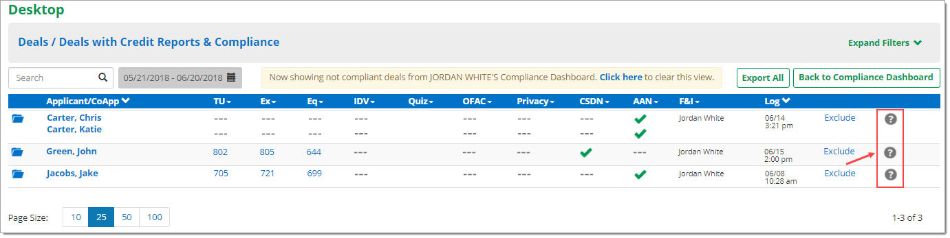 Box around ‘Applicant/CoApp’ column. Box around ‘?’ icons, with arrow pointing towards box. 