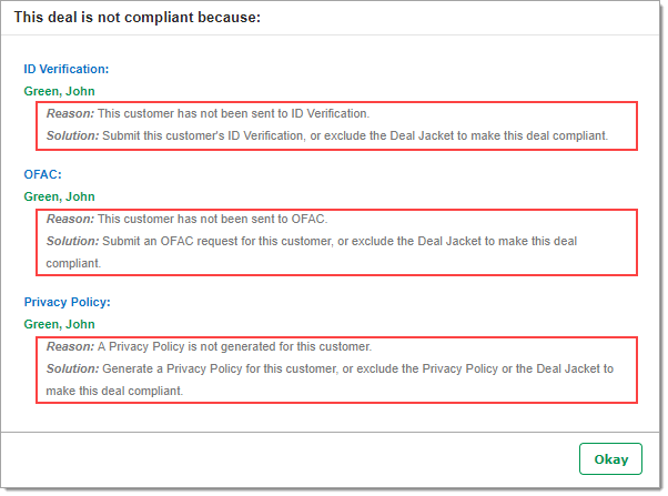 Boxes around each reason a deal is not compliant, and each solution