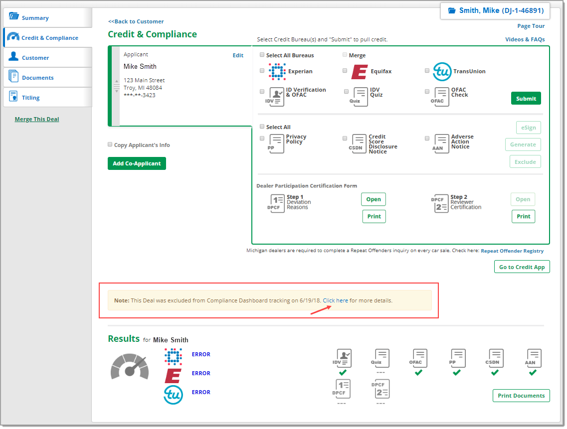 Box around message noting deal was excluded from the dashboard and arrow pointing toward ‘Click here’ link