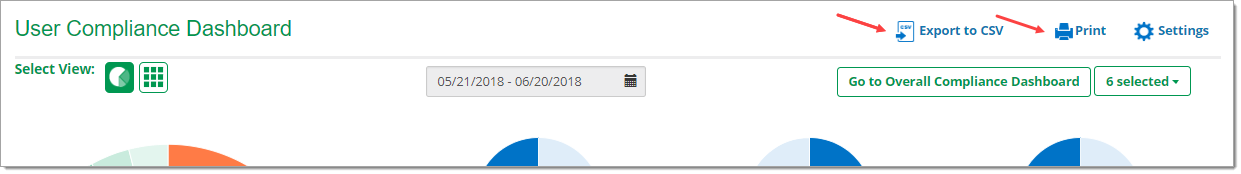 Arrow pointing to ‘Export to CSV’ and arrow pointing to ‘Print’ options 