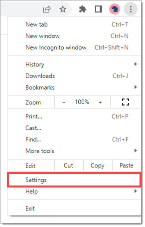 The menu that opens after clicking the icon of three vertical dots in the upper right corner of the Google Chrome browser, with the ‘Settings’ option highlighted by a box.