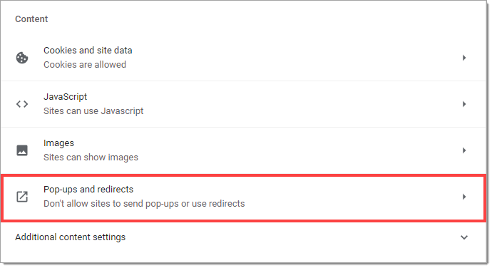 The ‘Content’ section with the ‘Pop-ups and redirects’ link highlighted by a box.  