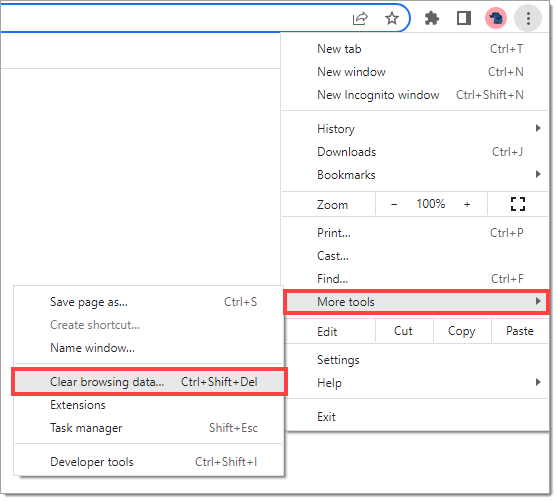 The menu that opens after clicking the icon of three vertical dots in the upper right corner of the Google Chrome browser, with the ‘More tools’ menu expanded.  The ‘More tools’ option is highlighted by a box as well as the ‘Clear browsing data…’ option in the submenu.  