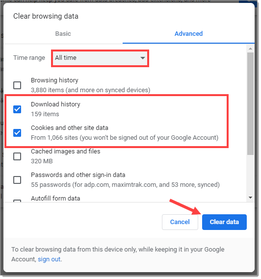 The ‘Clear browsing data’ pop-up window with the ‘Time range’ drop-down set to ‘All time,’ the checkboxes for ‘Download history’ and ‘Cookies and other site data’ checked, and an arrow pointing to the ‘Clear data’ button.