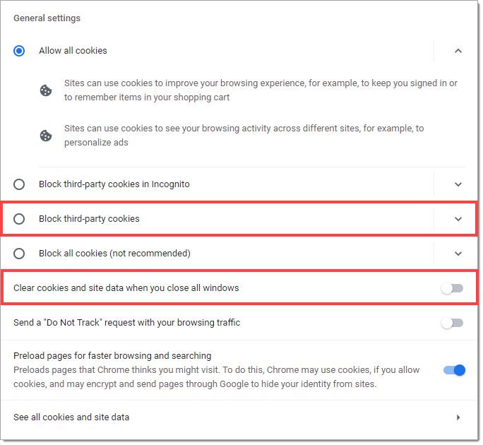 The ‘Cookies and site data’ page with the ‘Allow all cookies’ choice selected, the ‘Block third-party cookies choice unselected, and the ‘Clear cookies and site data when you close all windows’ option toggled off.  The latter two choices are highlighted by boxes.  