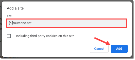 The ‘Add a site’ pop-up window with ‘[*.]routeone.net’ entered in the ‘Site’ field, highlighted by a box, and an arrow pointing to the ‘Add’ button.