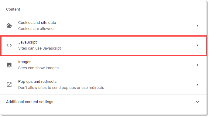 The ‘Content’ section, with the ‘JavaScript’ link highlighted by a box.  