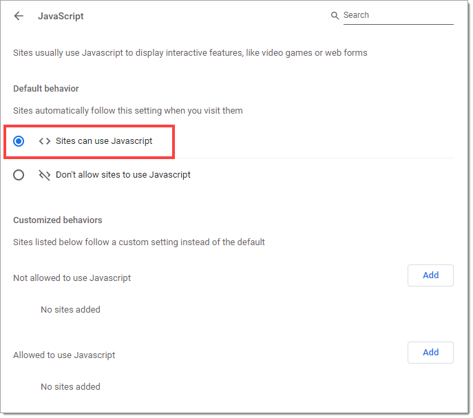 The ‘JavaScript’ page with the ‘Sites can use Javascript’ option selected and highlighted by a box.
