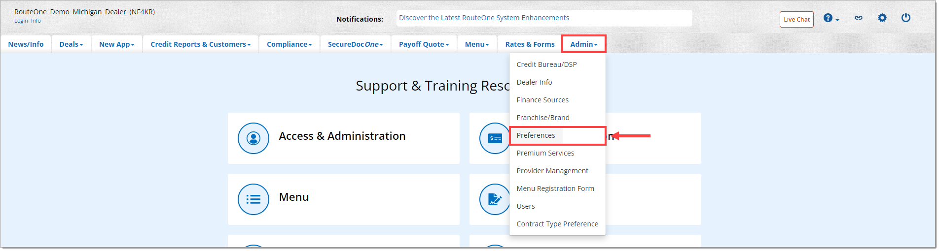 The top menu of the RouteOne system with the ‘Admin’ drop-down expanded and highlighted by a box, and the ‘Preferences’ option highlighted by a box with an arrow pointing towards it.