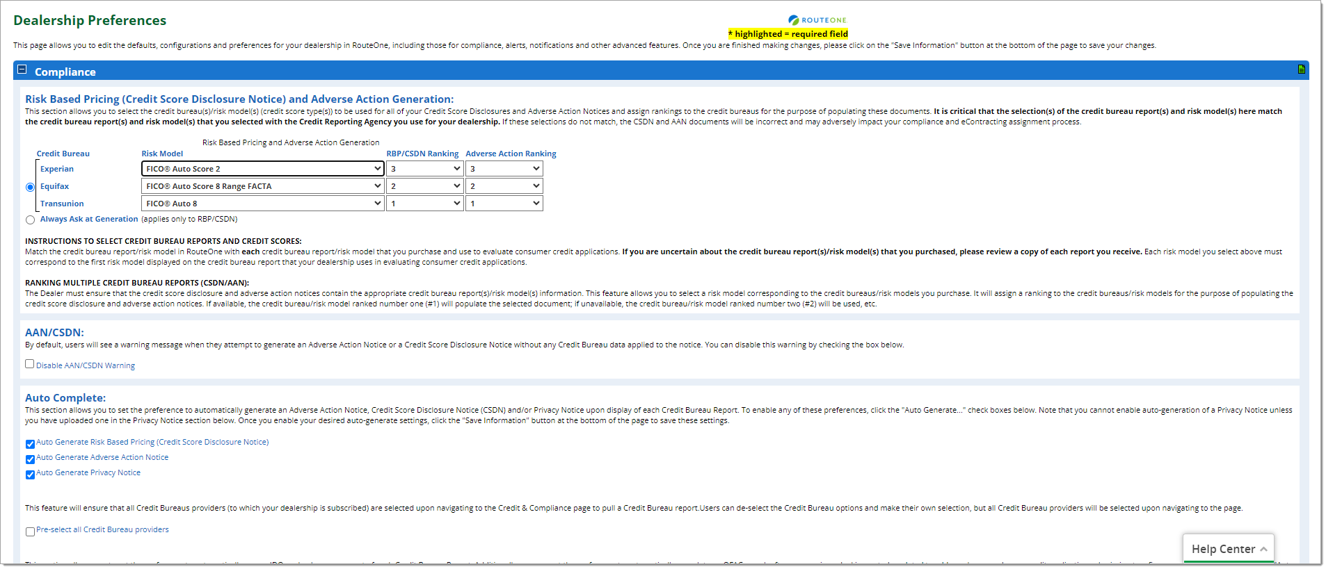 The Compliance section of the Dealership Preferences page.