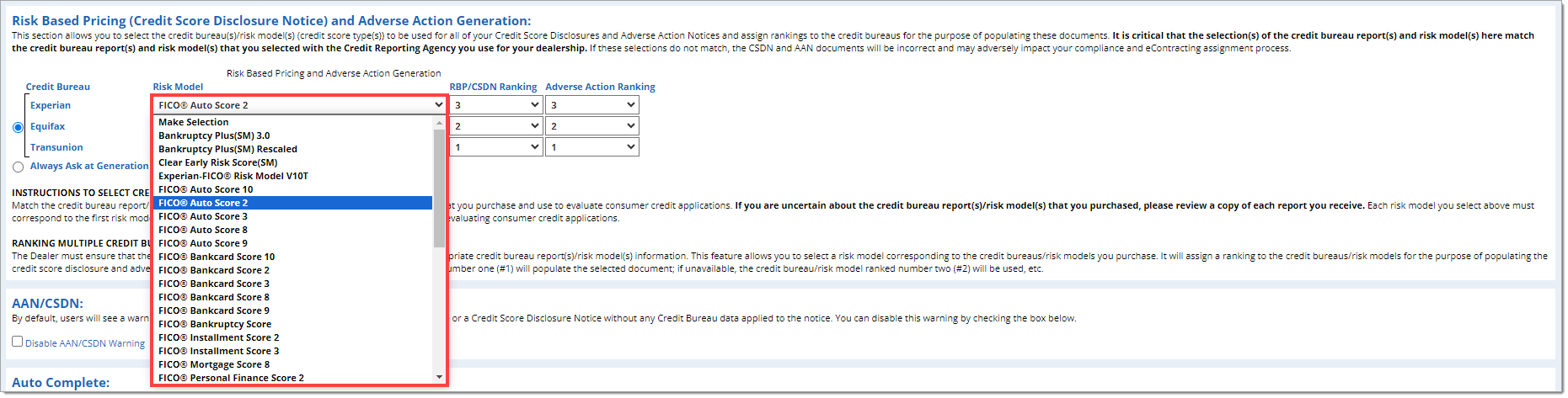 The ‘Risk Based Pricing (Credit Score Disclosure Notice) and Adverse Action Generation’ section with the ‘Risk Model’ drop-down menu expanded and highlighted by a box.