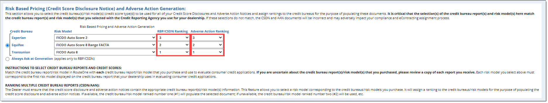 The ‘Risk Based Pricing (Credit Score Disclosure Notice) and Adverse Action Generation’ section with the ‘RBP/CSDN Ranking’ and ‘Adverse Action Ranking’ drop-down menus highlighted by boxes.