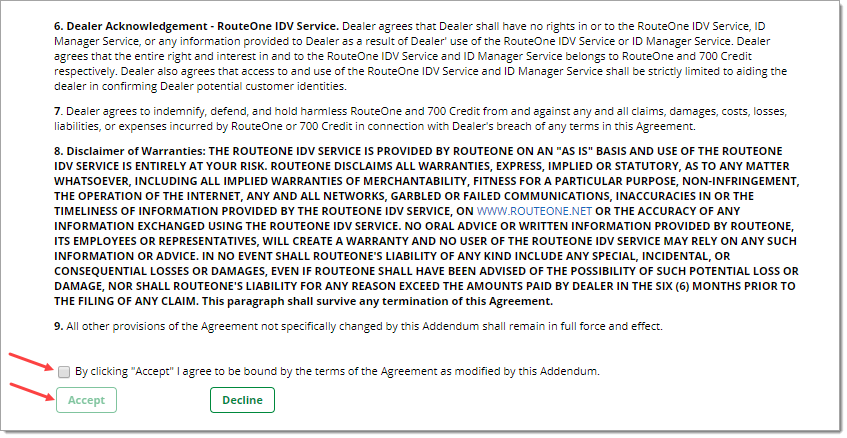 Arrow pointing to checkbox to ‘Accept’ the terms of the IDOne Agreement. Arrow pointing to ‘Accept’ button. 