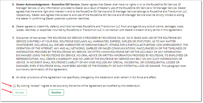 Arrow pointing to checkbox to ‘Accept’ the terms of the IDOne Agreement. Arrow pointing to ‘Accept’ button. 