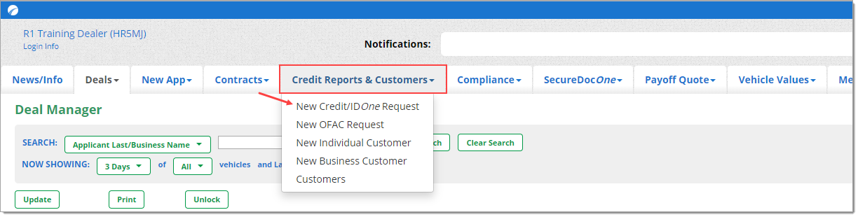 The top menu of the RouteOne system with the ‘Credit Reports and Customers’ tab highlighted by a box and expanded, and an arrow pointing to the ‘New Credit/IDOne Request’ option.