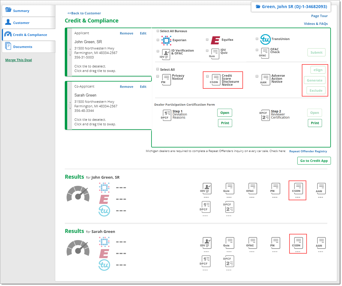 The Credit and Compliance page of the Deal Jacket with a box highlighting the ‘Credit Score Disclosure Notice’ checkbox and a box highlighting the ‘eSign’, ‘Generate’, and ‘Exclude’ buttons.