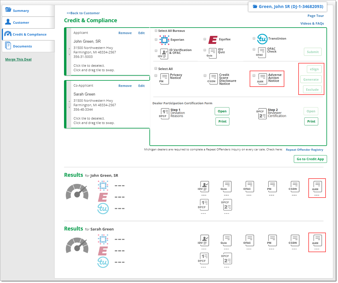 The Credit and Compliance page of the Deal Jacket with a box highlighting the ‘Adverse Action Notice’ checkbox and a box highlighting the ‘eSign’, ‘Generate’, and ‘Exclude’ buttons.