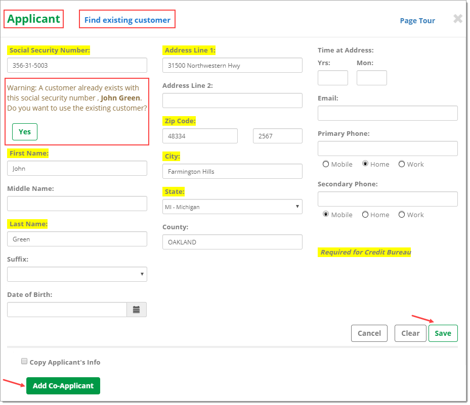 The Applicant screen with boxes highlighting the title of the page and the ‘Find existing customer’ link, a box highlighting the warning message, and an arrow pointing to the ‘Save’ button. 