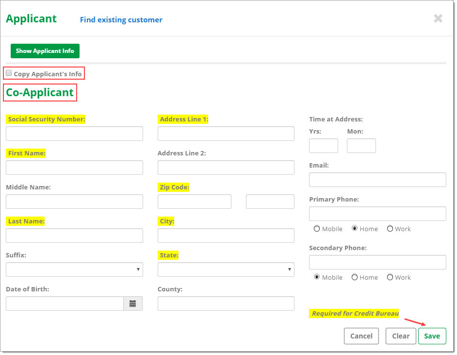 The Applicant page with boxes highlighting the ‘Copy Applicant’s Info’ checkbox and the ‘Co-Applicant’ header, and an arrow pointing to the ‘Save’ button.