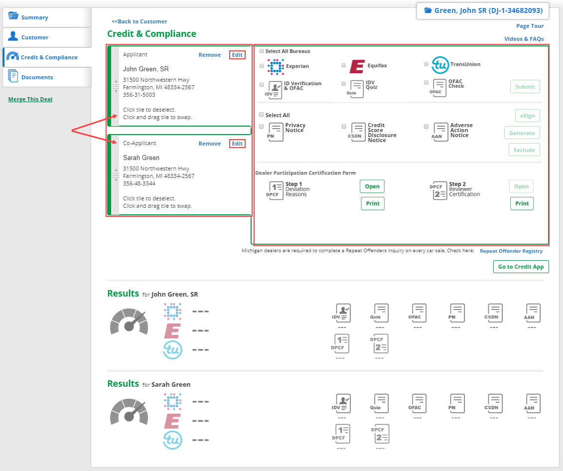 The Credit and Compliance page of the Deal Jacket with a box and arrows highlighting both applicant information sections and a box highlighting the options sections.