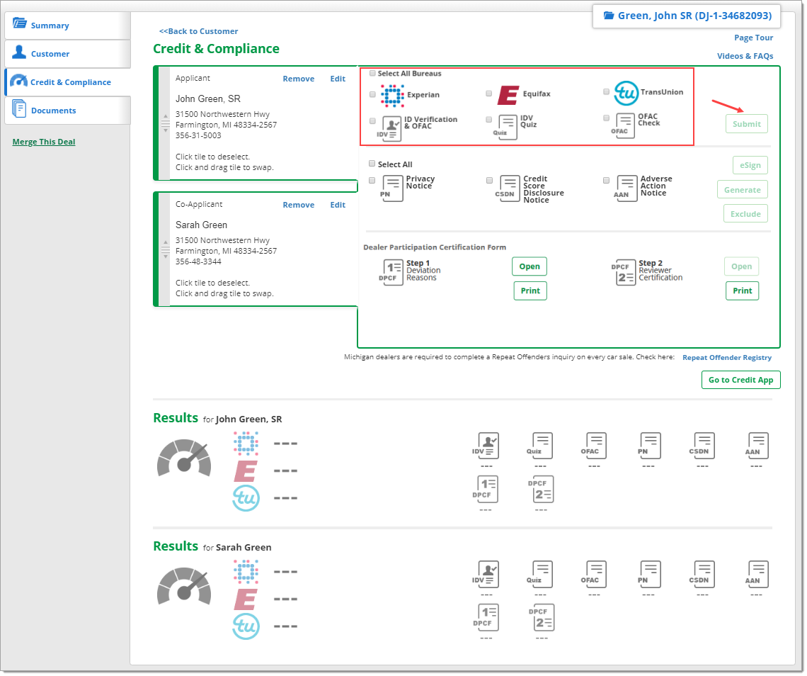 The Credit and Compliance page of the Deal Jacket with a box highlighting the credit bureau options and an arrow pointing to the ‘Submit’ button.