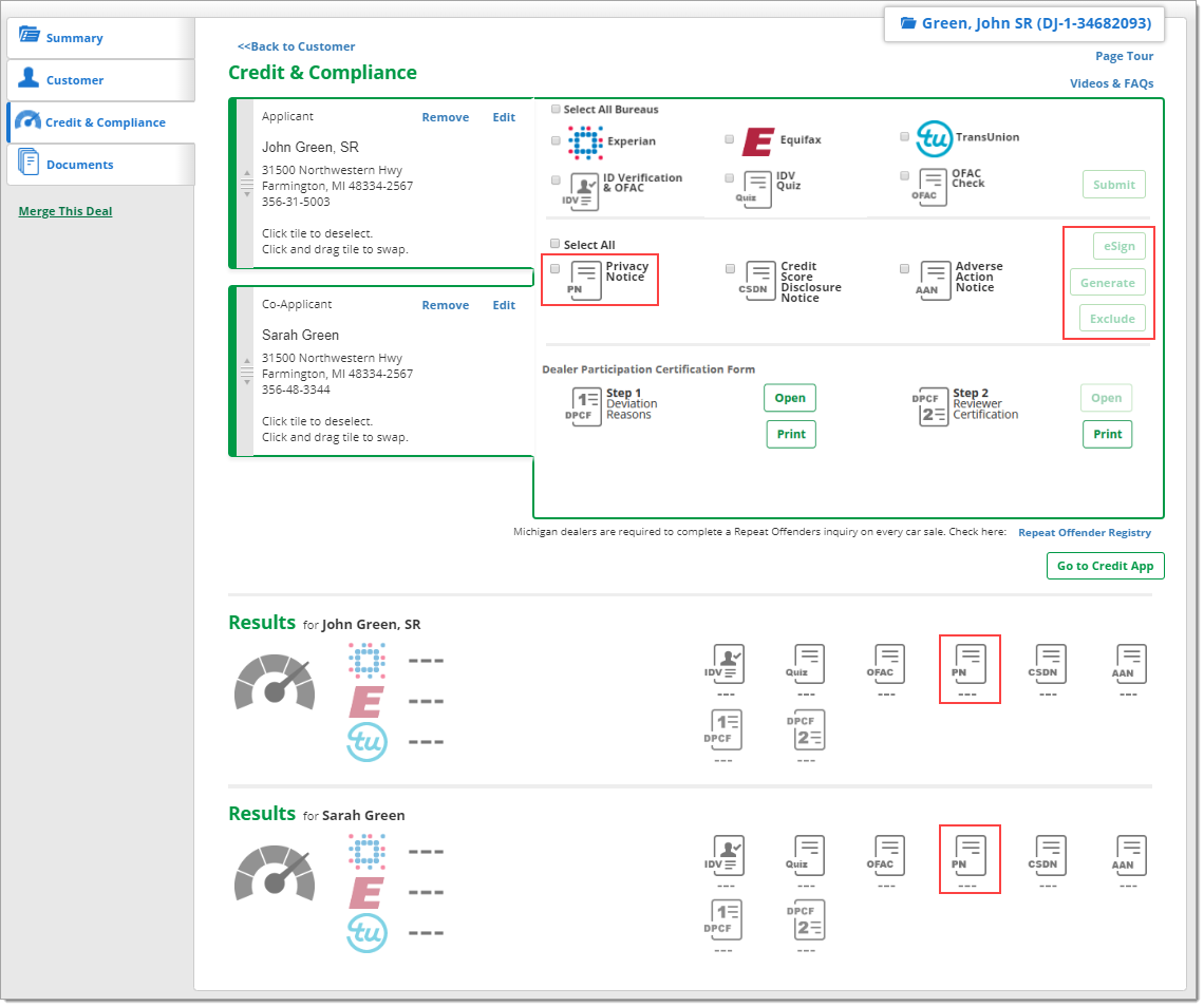 The Credit and Compliance page of the Deal Jacket with a box highlighting the ‘Privacy Notice’ checkbox and a box highlighting the ‘eSign’, ‘Generate’, and ‘Exclude’ buttons.