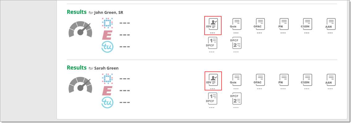 Box around ‘IDV’ icon in Results section for John Green. Box around ‘IDV’ icon in Results section for Sarah Green.