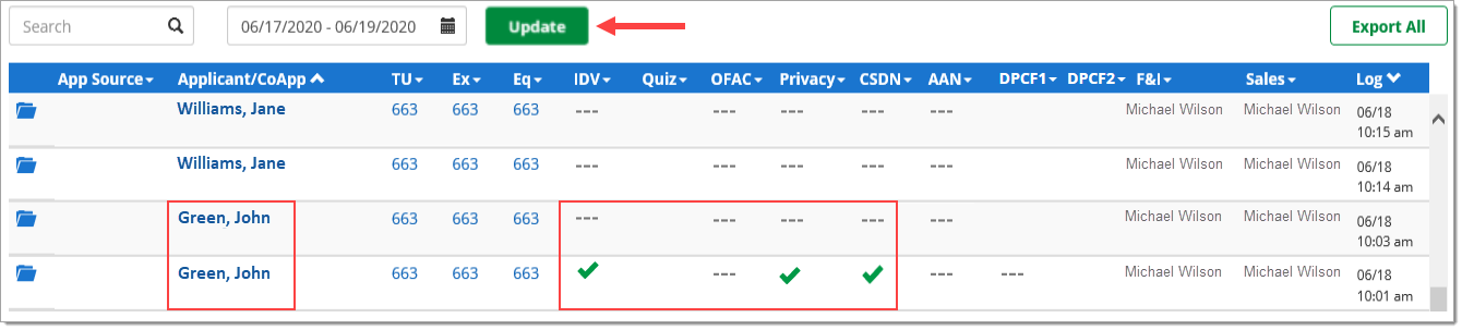 Box around Applicant names. Box around compliance activities and their statuses. Arrow pointing to ‘Update’ button. 