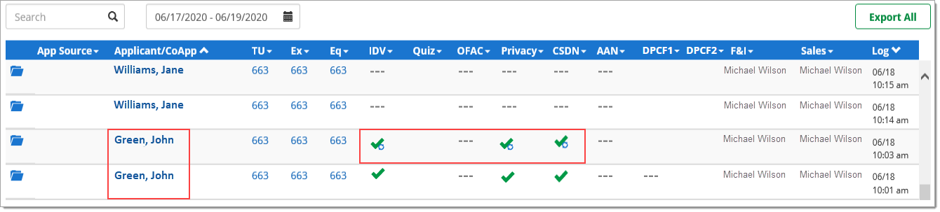 Box around Applicant names. Box around compliance activities showing the ‘Sync Generated’ icon. 