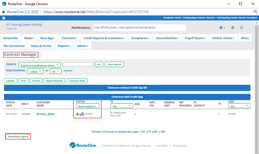 Box around ‘Contract Manager.’ Box around ‘Status’ section showing status. Box around ‘Show/Hide Legend’ button. 