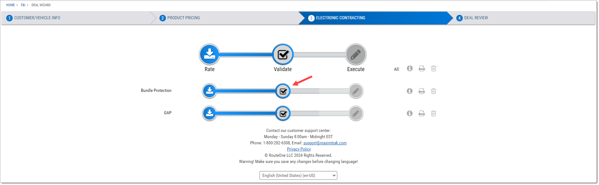 Step Three with all the products on the ‘Validate’ step, with an arrow pointing to the first product’s ‘Validate’ button.