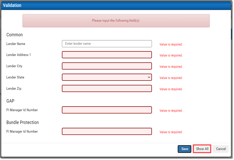 The ‘Validation’ pop-up with the ‘Show All’ button highlighted by a box.
