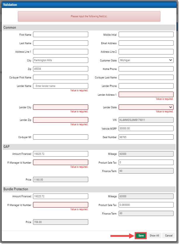 The expanded ‘Validation’ pop-up menu with all fields indicated as ‘Value is required’ and an arrow pointing to a box highlighting the ’Save’ button.