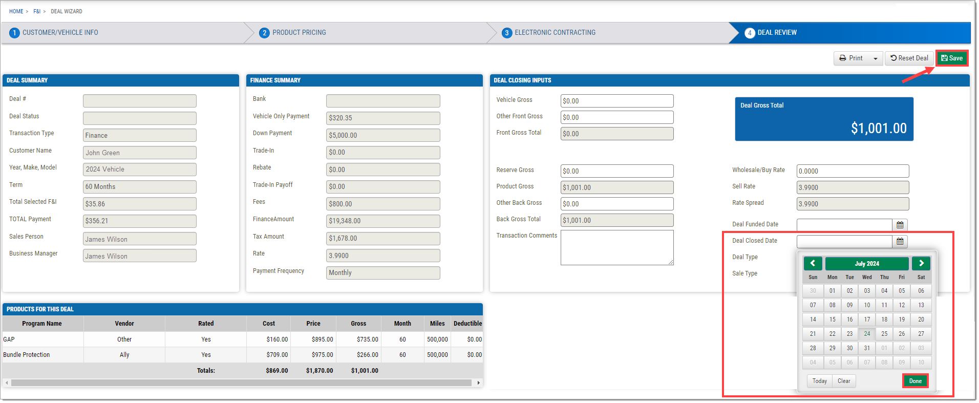 Step Four with the ’Deal Closed Date’ calendar of the ‘Deal Closing Inputs’ section expanded and highlighted by a box.