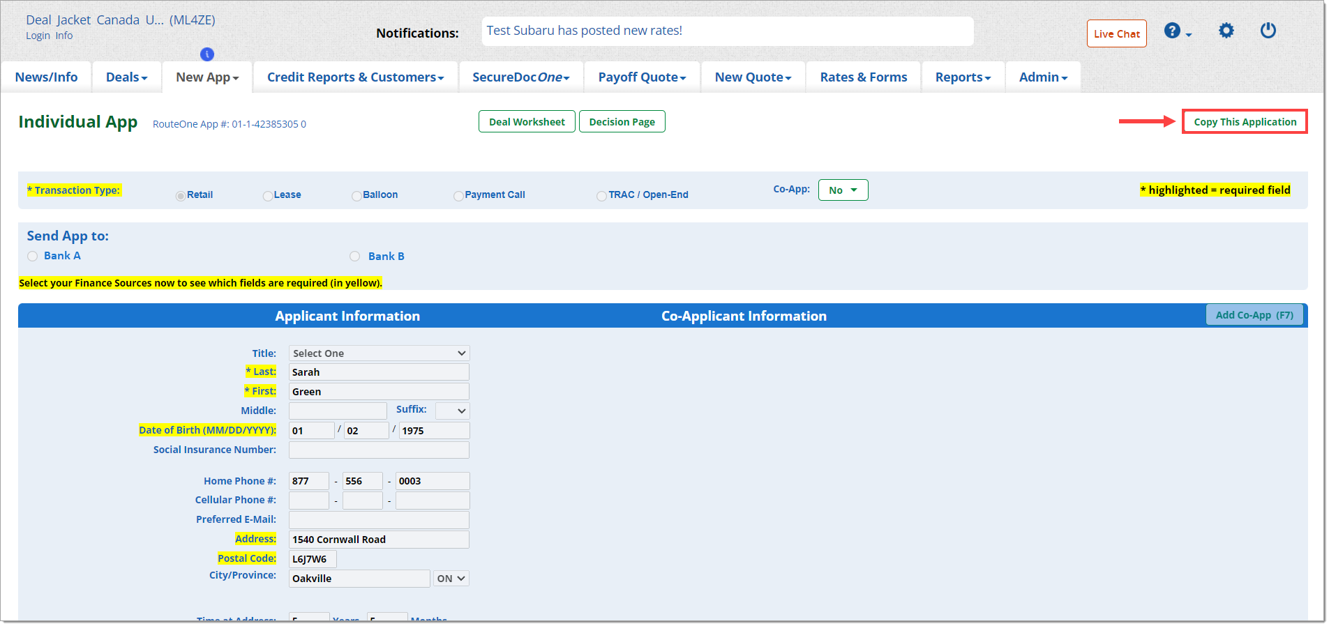 The Credit Application page with the ‘Copy This Application’ button highlighted by a box with an arrow pointing to it.