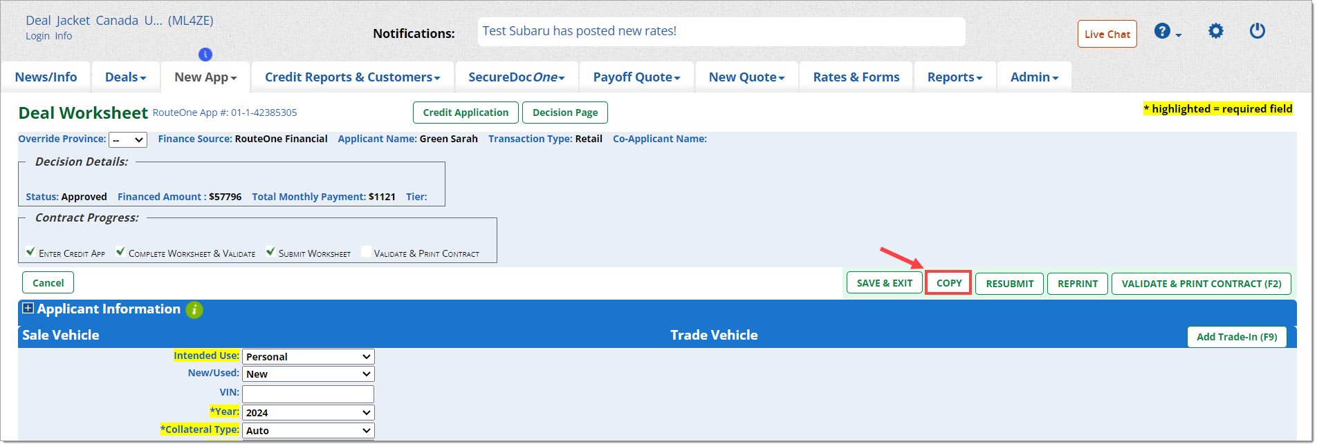 The Deal Worksheet with the ‘Copy’ button highlighted by a box with an arrow pointing to it.