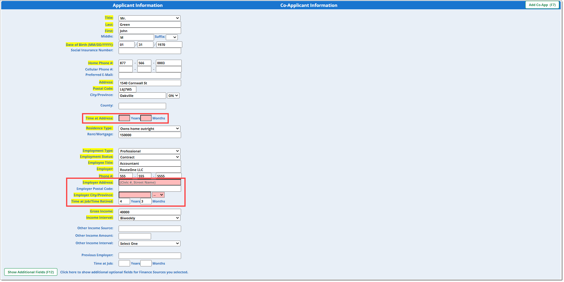 The ‘Applicant Information’ section of the ‘Individual App’ page, with boxes highlighting the new required fields.