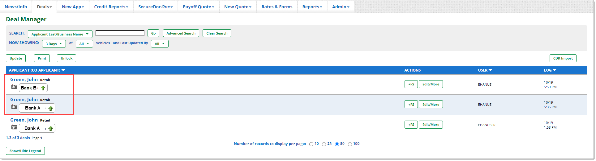 The Deal Manager page with a box highlighting the first two deals, which are both of the example customer, but each has a different bank.