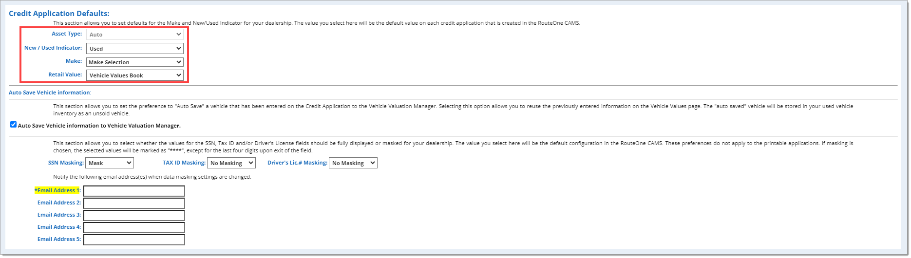 The ‘Credit Application Defaults’ section with a box highlighting the ‘Asset Type,’ ‘New/Used Indicator,’ ‘Make,’ and ‘Retail Value’ drop-down menus.