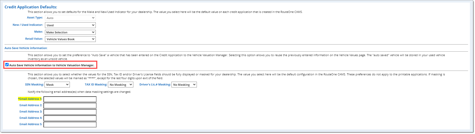 The ‘Credit Application Defaults’ section with a box highlighting the ‘Auto Save Vehicle information to the Vehicle Valuation Manager.’ Checkbox.